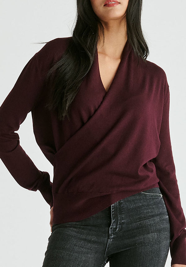 Long Sleeve Knitted Wrap Top in Dark Plum Closeup